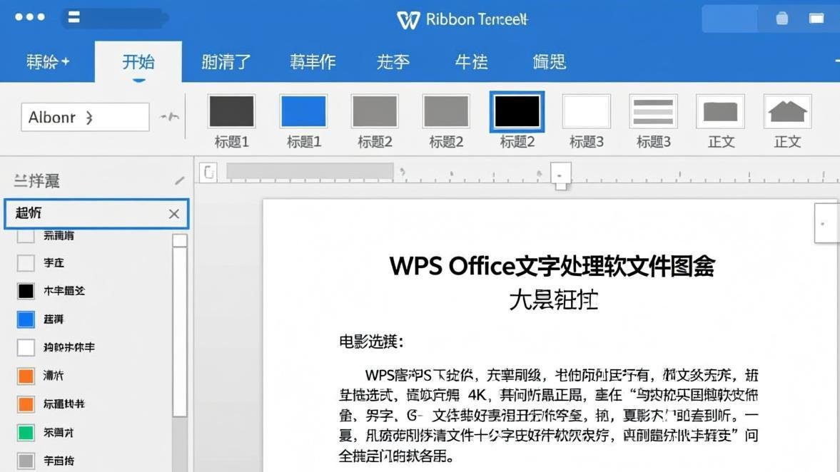 WPS Word样式功能界面概览,顶部Ribbon工具栏高亮样式区域,左侧样式窗格展开